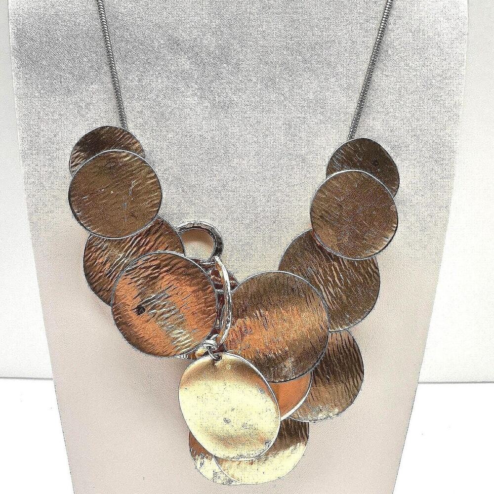 Vintage Y2K Gold Tone Hammered Disc Statement Bib Necklace Boho Women's Jewelry